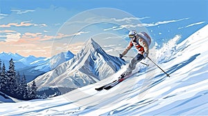 vector illustration, hand drawn , Advanced skier slides near mountain downhill. Sports descent on skis in mountains hills.