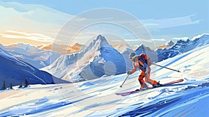 vector illustration, hand drawn , Advanced skier slides near mountain downhill. Sports descent on skis in mountains hills