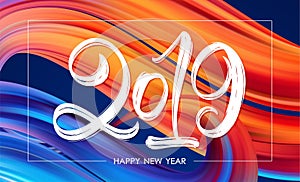 Vector illustration: Hand drawn brush stroke lettering of 2019 on adstract background. Happy New Year.