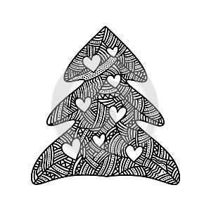 Vector illustration. Hand-drawn Christmas tree with hearts.