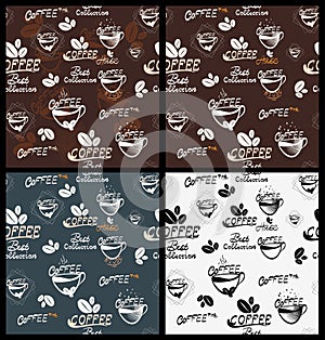 Vector illustration hand drawn coffee elements, cups, mugs, beans and lettering types .