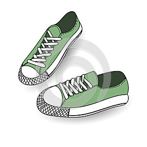 Vector illustration of hand drawn, drawing, sport shoes for tennis, trainers, sneakers. Casual style. Doodle design