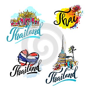 A vector illustration of hand drawn elements for traveling to Thailand, concept Travel to Thailand. Lettering logo set