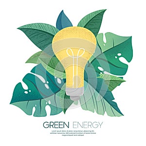 Vector illustration with hand drawn green tropical plant leaves and textured light bulb isolated on white background. Ecology