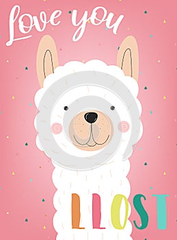 Vector illustration of a hand-drawn llama or alpaca with an inscription Love you lost. Image on South American themes for children