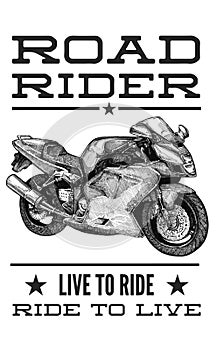 Vector illustration of hand drawn motorcycle, sport bike. Detailed sketched classic sport bike in ink style for biker
