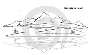 Vector illustration: Hand drawn Mountain Lake sketch landscape with pine and reflection.