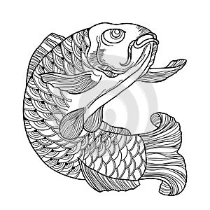 Vector illustration with hand drawn outline black koi carp isolated on white background. Japanese ornate fish in contour style.