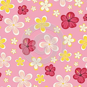 Vector illustration of hand drawn plumeria tropical flowers seamless repeat pattern on a pink background.