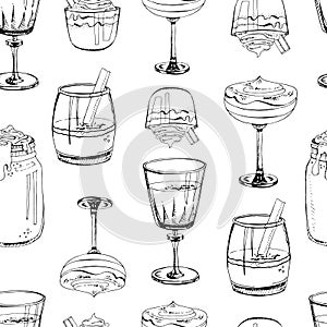 Vector illustration. Hand drawn seamless pattern with hot winter drinks isolated on white background. Eggnog. Print for