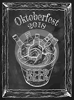 Vector illustration of hand drawn sketch black and white bucket with beer and ice. Oktoberfest, festival, pub, bottle, drinks.