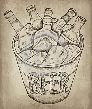 Vector illustration of hand drawn sketch bucket with beer and ice. Oktoberfest, festival, pub, bottle, drinks.