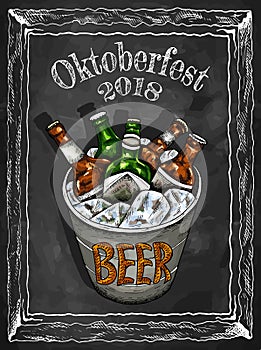 Vector illustration of hand drawn sketch colorful bucket with beer and ice. Oktoberfest, festival, pub, bottle, drinks.