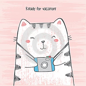 Vector illustration of hand drawn sketch crtoon white cat hugs his photo camera on scratched grunge pink background peeking out