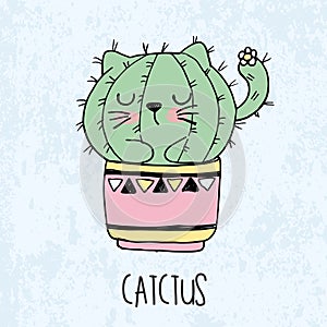 Vector illustration of hand drawn sketch cute kawaii cat cactus in a flowerpot in anime style with lettering catctus photo