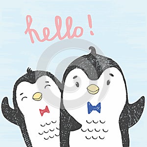 Vector illustration of hand drawn sketch friendly penguins isolated on a blue grunge background with lettering hello!