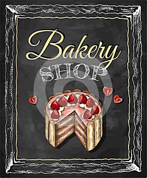 Vector illustration of hand drawn sketch poster of Bakery shop with cake. Sweet strawberry cheesecake dessert food.