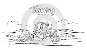 Vector illustration: Hand drawn sketch with tractor on field