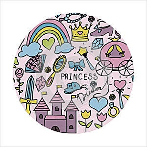 Vector Illustration Hand-Drawn Sketchy Fairy Tale Princess banner Tiara Crown Doodle Design Cards Set Vector