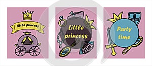 Vector Illustration Hand-Drawn Sketchy Fairy Tale Princess banners Tiara Crown Doodle Design Cards Set Vector