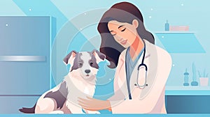 Vector illustration, hand drawn, stockphoto, copy space, Veterinary examining a puppy. Healthcare illustration. Veterinary cabinet