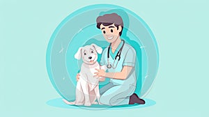 Vector illustration, hand drawn, stockphoto, copy space, Veterinary examining a puppy. Healthcare illustration. Veterinary cabinet