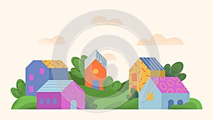 Vector illustration with hand drawn town landscape,hills and trees
