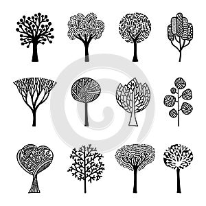 Vector illustration. Hand-drawn tree set.