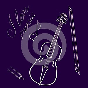 Vector illustration hand drawn violin with bow and tuning fork and handwritten title I love music with music note