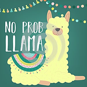 A vector illustration of a hand-drawn yellow alpaca in national South American clothing with decorations and inscription No prob l