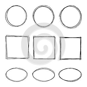 Vector illustration of hand drawning circle, oval, square line sketch set isolated on transparent background. Art design round
