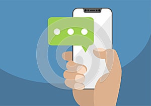 Vector illustration of hand holding bezel-free / frameless modern smartphone with chat icon to symbolize mobile chatting and conve