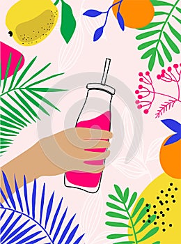Vector illustration of a hand holding a bottle of juice.Hand drawn doodle smoothie with juice illustration cartoon style