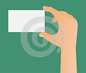 Vector illustration of hand holding a business card template isolated on green background.