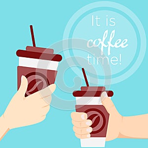 Vector illustration hand holding coffee cup at light blue background with text place. in flat cartoon style.