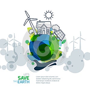 Vector illustration of hand holding earth with wind turbine, house, solar battery, bicycle and trees.