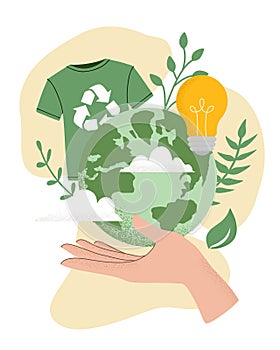 Vector illustration of hand holding green recycling t-shirt, Reuse, Reduce, Recycle symbol, Earth planet globe, light bulb. Slow