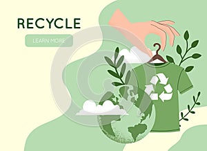 Vector illustration of hand holding green recycling t-shirt, Reuse, Reduce, Recycle symbol, Earth planet globe. Slow sustainable