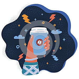 Vector illustration of Hand holding hot coffee cup over dark backround.