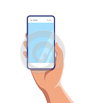 Vector illustration of hand holding mobile smart phone with blank screen on white background