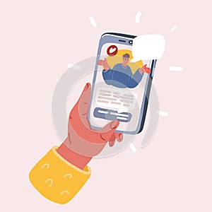 Vector illustration of Hand holding smart phone. Man face on display