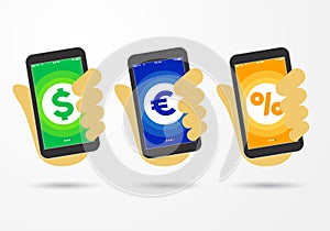 Vector Illustration hand holding smartphone with creative flat style icon for business message page, dollar euro percent sign