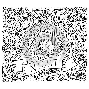 Vector illustration of hand lettering text - good night. Sleeping cat surrounded by twigs, flowers, dots, curls