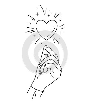 Vector illustration of hand and love magic. Line art. Linear mystical hand with heart and stardust. Love boho symbol