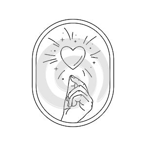 Vector illustration of hand and love magic. Line art. Linear mystical hand with heart and stardust. Love boho symbol