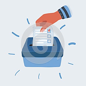 Vector illustration of Hand putting a voting ballot in a slot of box.