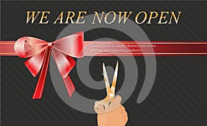 Vector illustration of hand scissors cutting red ribbon,opening