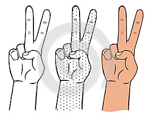 Vector illustration of a hand showing a gesture of peace or victory isolated on white background