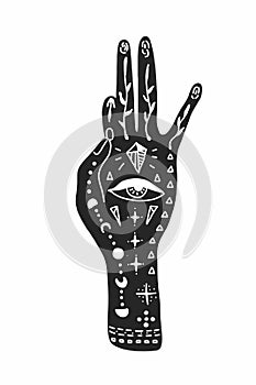 Vector illustration of a hand with tattoos, an alchemy symbol with an eye and a moon. Abstract graphics with occult and mystical