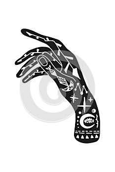 Vector illustration of a hand with tattoos, an alchemy symbol with an eye and a moon. Abstract graphics with occult and mystical